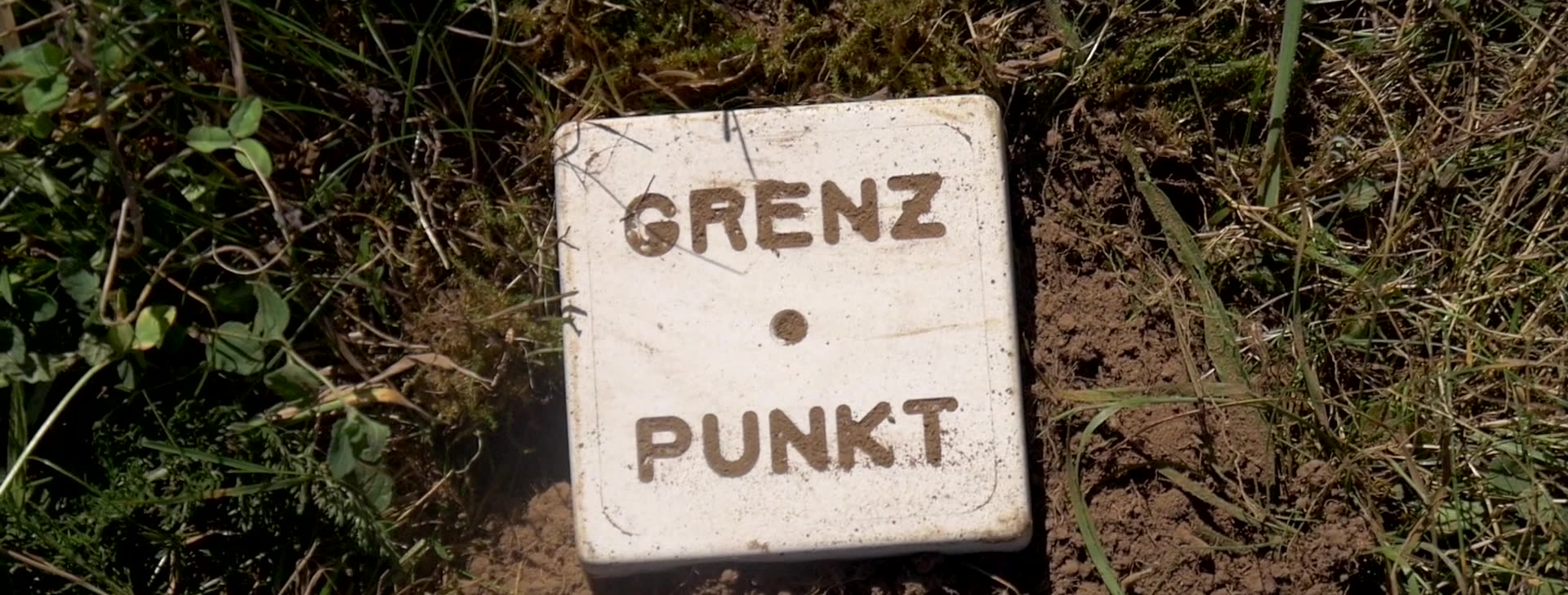 Grenzpunkt-Markierung aus Kunststoff im Gras
