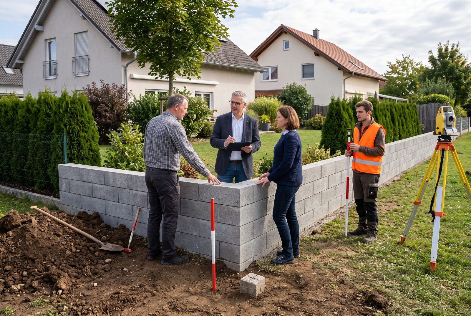 Ortstermin an einer Grenzmauer: Zwei Nachbarn, ein Vermessungsingenieur mit Tablet und ein Vermessungstechniker mit Fluchtstab; im Vordergrund ein freigelegter Grenzstein, rechts ein Tachymeter