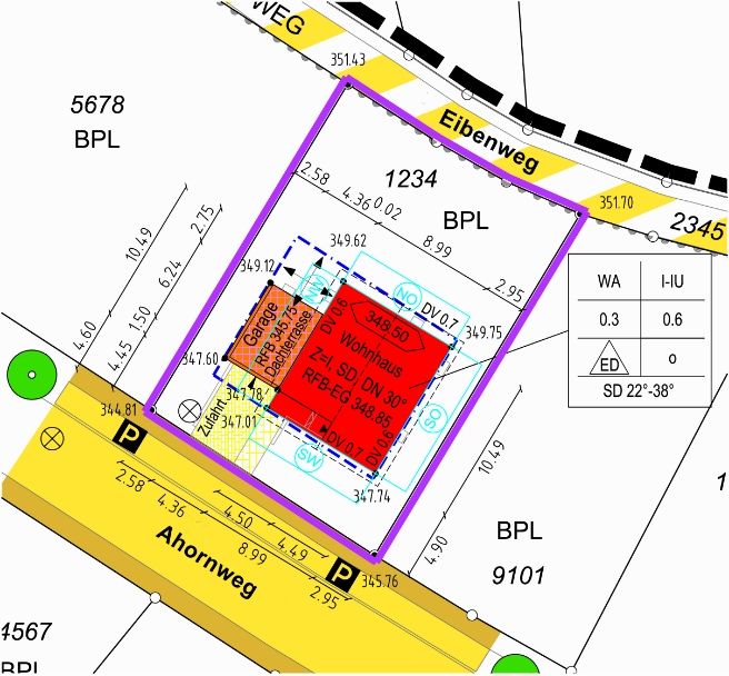Ausschnitt aus einem Lageplan zum Bauantrag mit Baufenster und Abstandsflächen